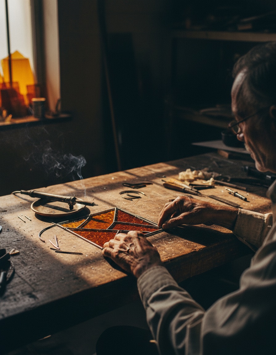 Craftsman's hands working lead came over a stained glass panel in the workshop