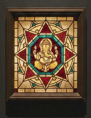 Stained glass panel of Lord Ganesha inside an octagon and eight-pointed star of sacred geometry, in ruby, saffron, gold and teal glass