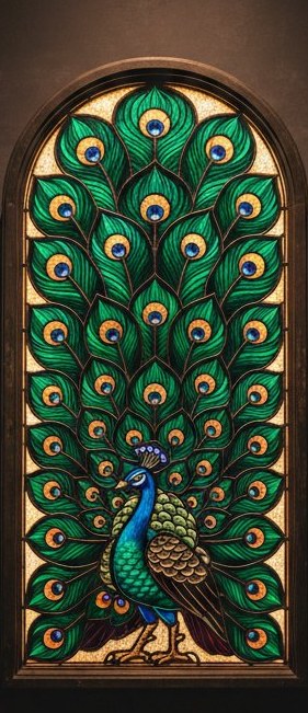 Tall arched stained glass panel of a royal peacock with fanned tail in emerald, sapphire and gold glass