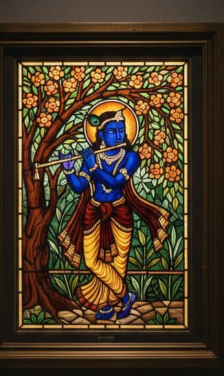 Stained glass panel of Lord Krishna playing the flute under a flowering kadamba tree, midnight blue and amber glass