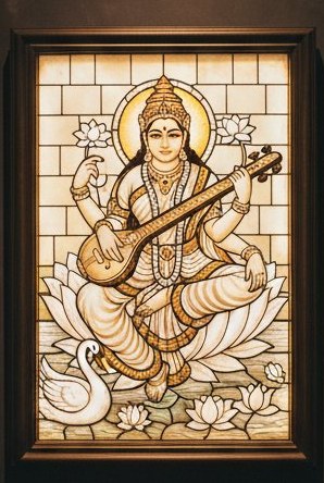 Stained glass panel of Goddess Saraswati in a white sari seated on a lotus with a veena and a swan, in opal, ivory and gold glass