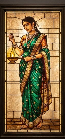 Stained glass panel of a woman in an emerald and gold sari holding a brass oil lamp, in the painting style of Raja Ravi Varma