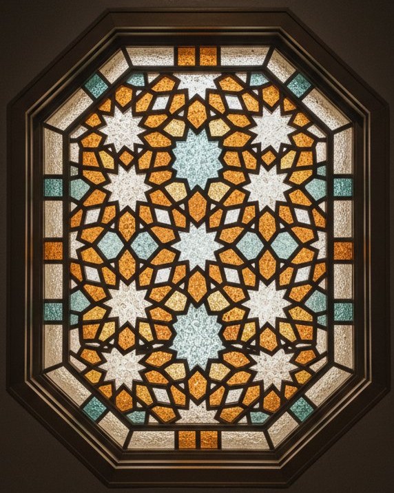 Octagonal skylight panel with an eight-pointed star jaali lattice in amber, smoked teal and clear textured glass