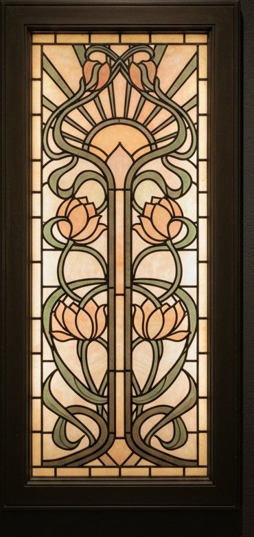 Residential entrance door panel with art nouveau lotus vines and rising sun rays in opalescent peach, jade and champagne glass