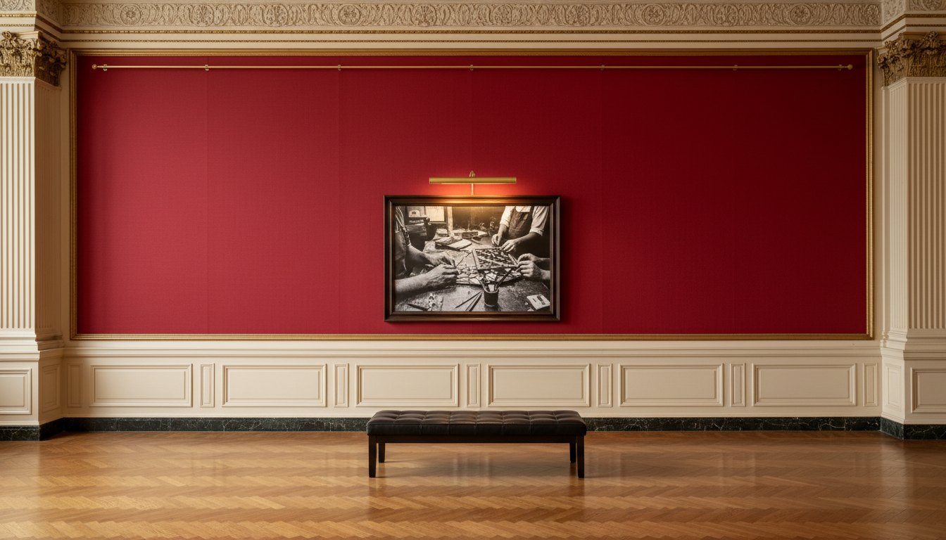 Framed black and white photograph of craftsmen assembling a stained glass panel in 1996, hung on the gallery wall above a leather bench