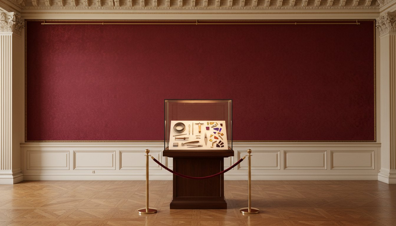 Museum vitrine on a dark pedestal behind a velvet rope, holding the tools of a stained glass craftsman: lead came strips, a glass cutter, a soldering iron and shards of coloured glass